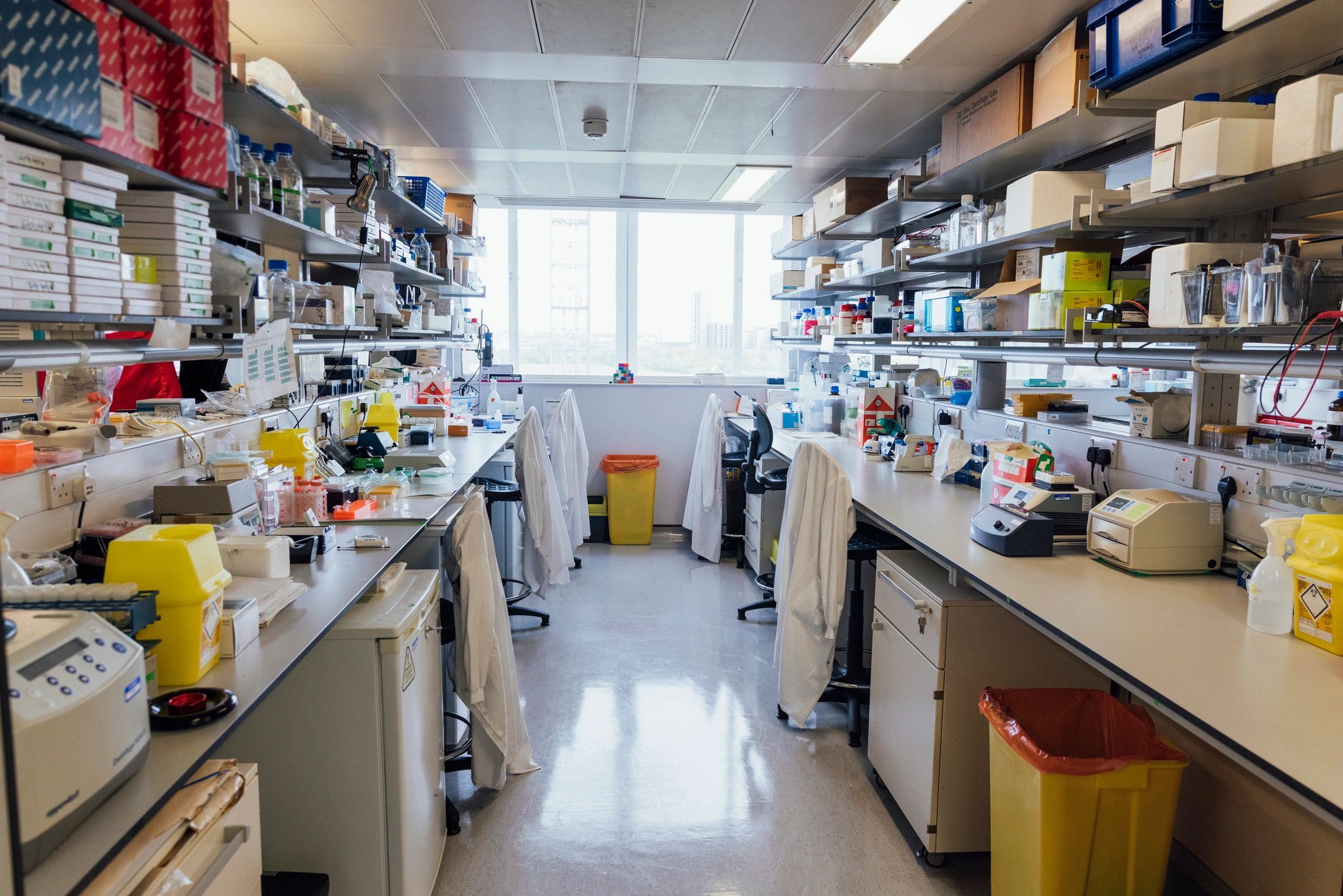 Research laboratory interior with equipment and workstations