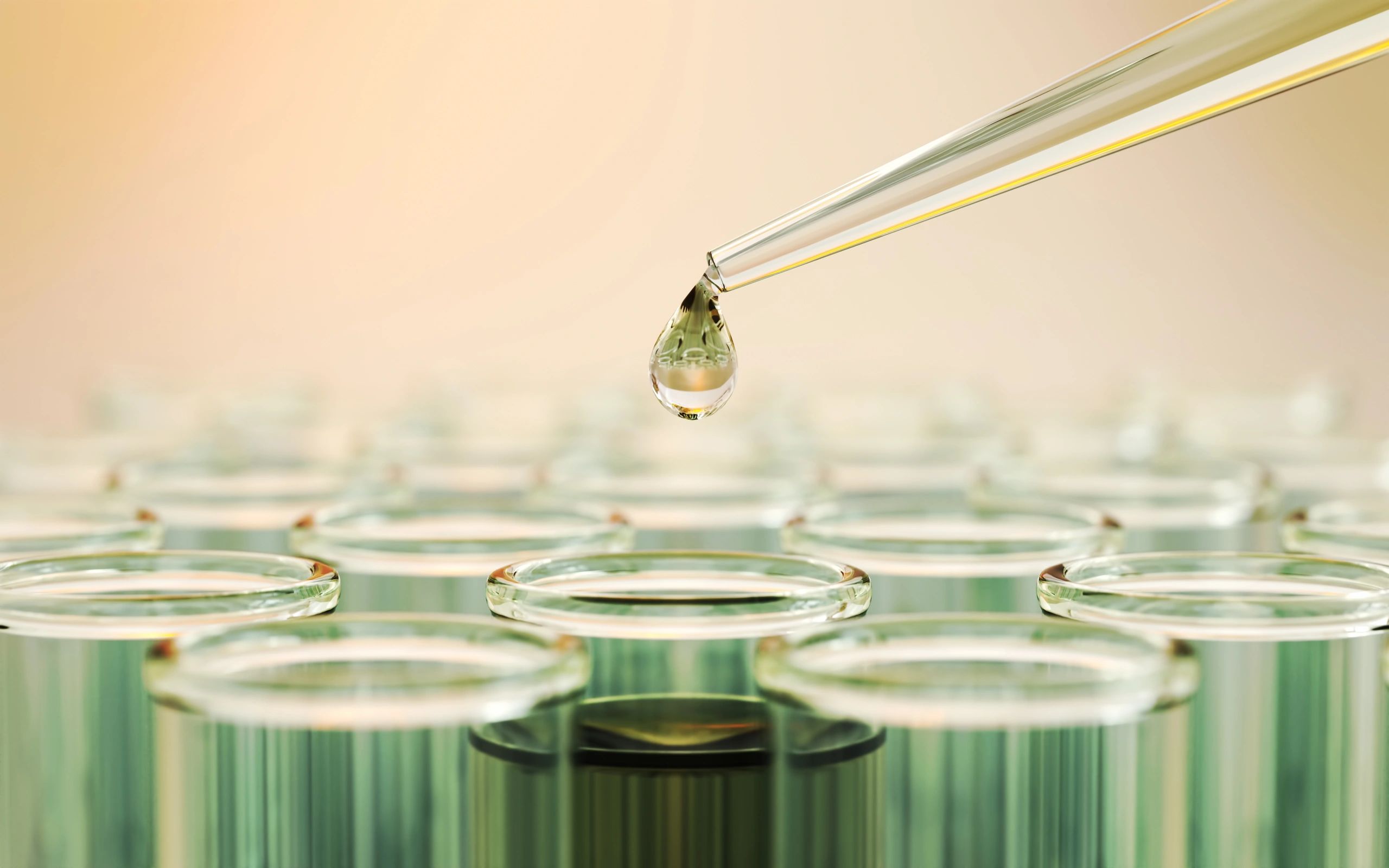 Laboratory glassware and testing liquid close up
